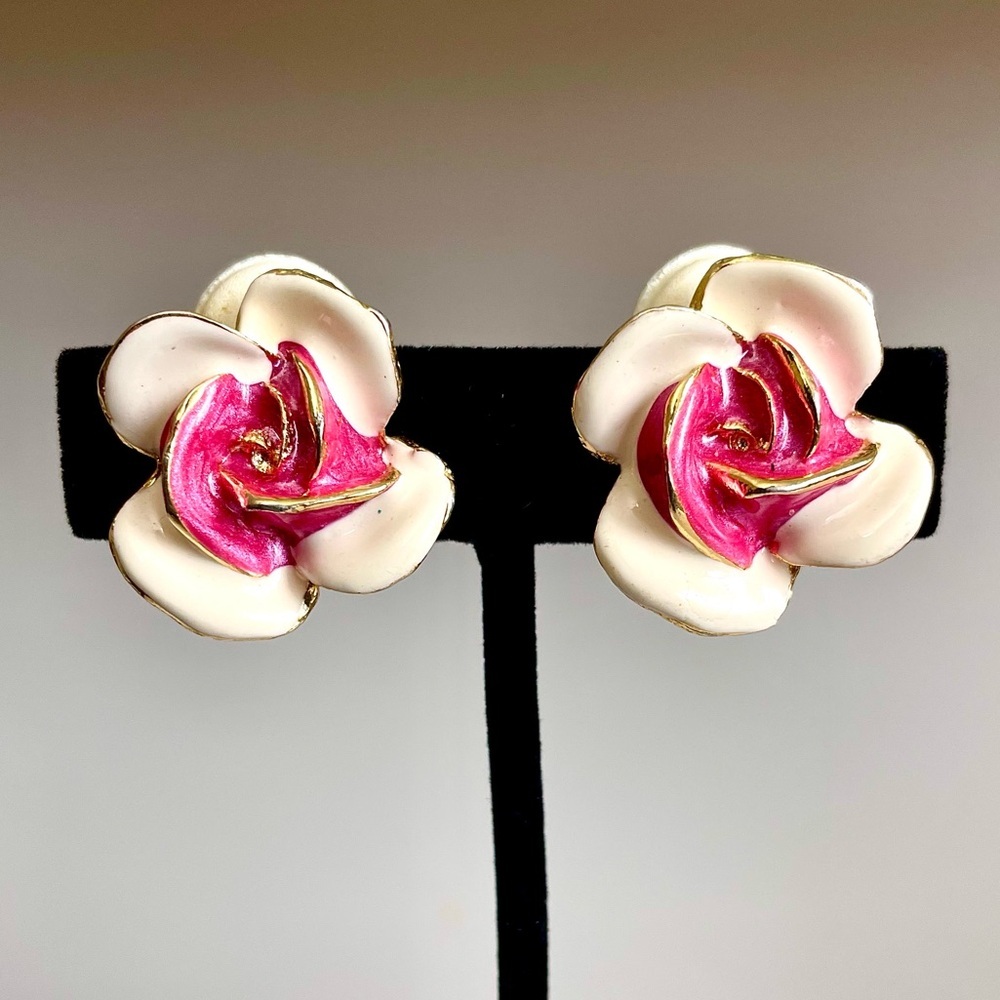 Vintage Enamel Flower Clip-On Earrings Pink Ivory Gold Tone Statement Floral Art